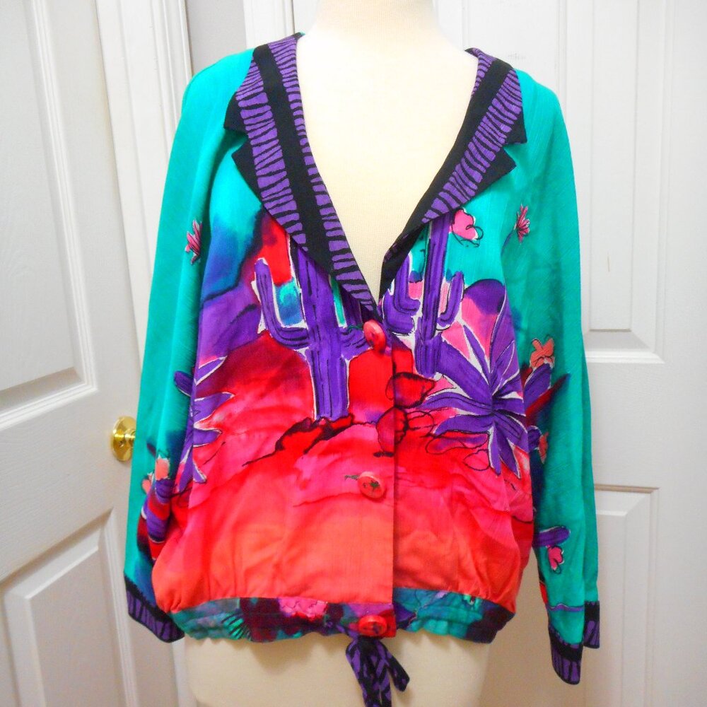 Carole Little Vintage VNeck Surplice Blouson Jacket sz14 Desert Cactus Scene